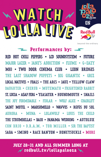 【Red Bull TV】今週末はLollapaloozaがRHCP、Disclosure、Major Lazerらをストリーミング配信　日本時間版配信スケジュールも公開！