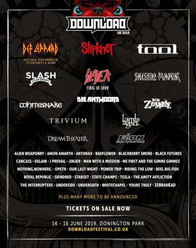 【海外フェス】イギリス「Download Festival UK 2019」第2弾発表で、ゼブラヘッド、スレイヤー、日本からマンウィズの出演も決定