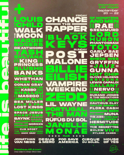 ラスベガス「LIFE IS BEAUTIFUL Music & Art Festival」ラインナップ発表で、Billie Eilish、Chance the Rapper、Post Maloneら出演決定