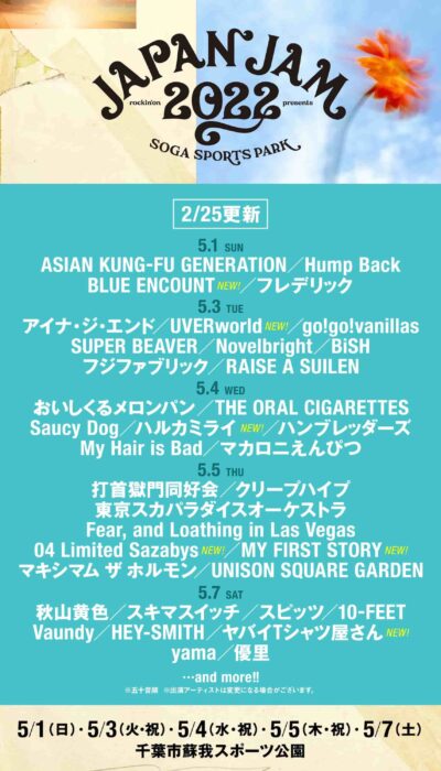 ゴールデンウィーク開催フェス「JAPAN JAM 2022」にBLUE ENCOUNT、UVERworld、04 Limited Sazabysら20組追加