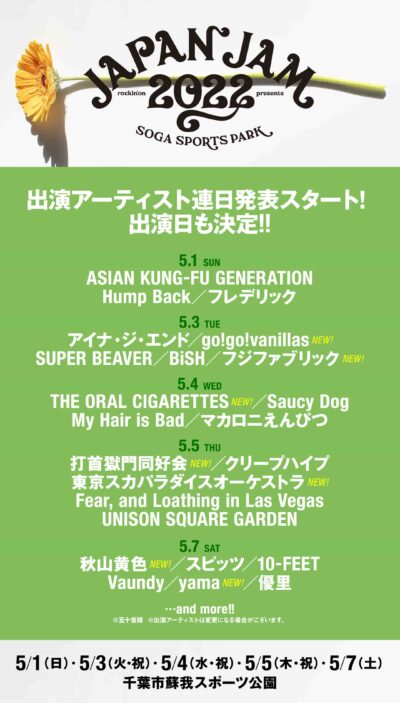 GW開催「JAPAN JAM 2022」第2弾発表でフジファブリック、go!go!vanillas、yamaら7組追加