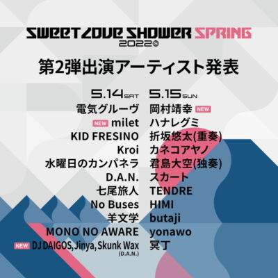 ラブシャの春フェス「SWEET LOVE SHOWER SPRING 2022」全ラインナップ発表で岡村靖幸、miletら決定