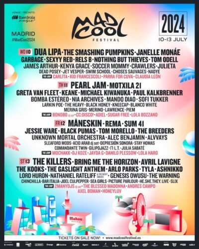 7月スペイン「Mad Cool Festival 2024」にPearl Jam、Maneskin 、Dua Lipa、The Killers、Remaら出演